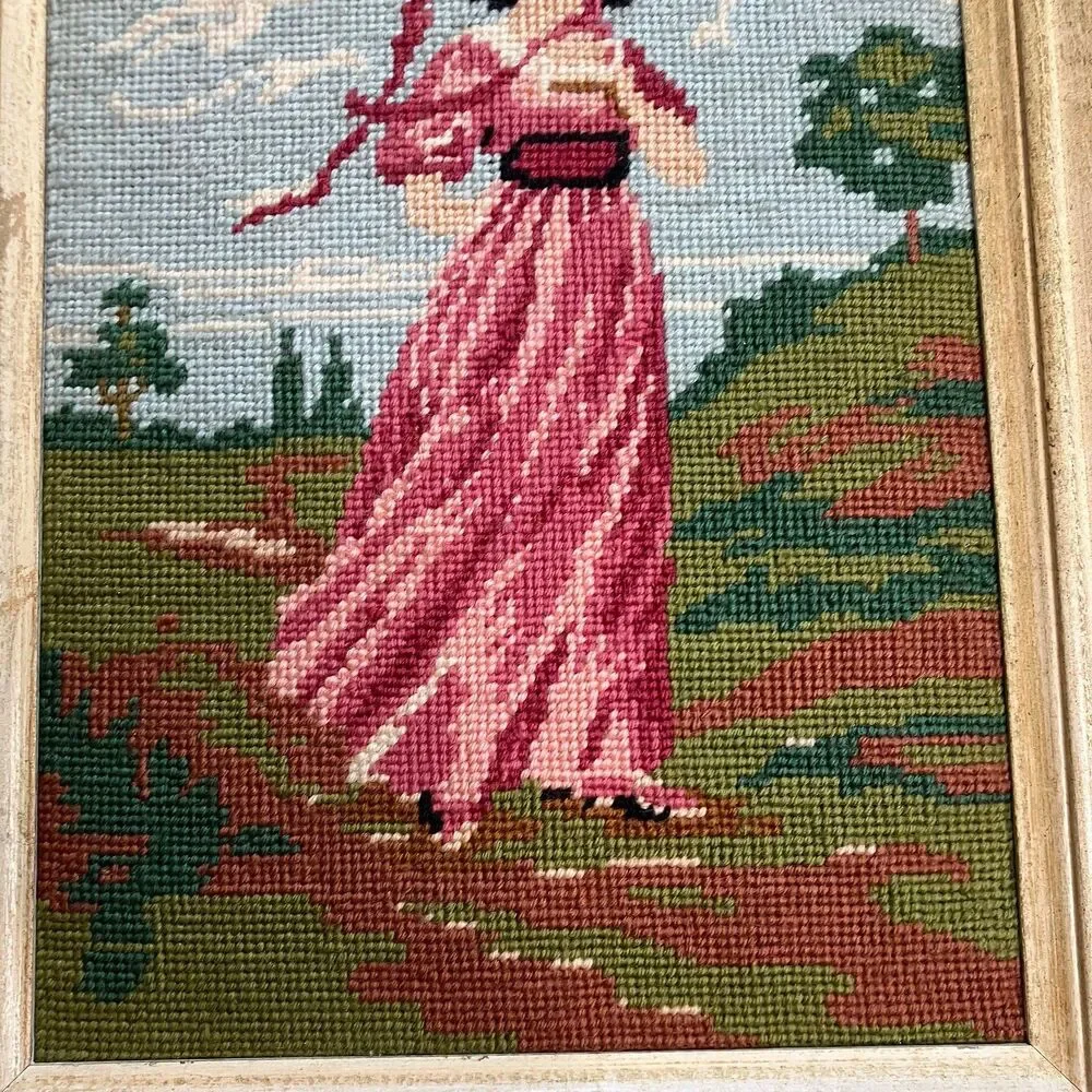 Blue Boy & Pinky Lady Completed Cross Stitch Needlepoint Wooden Frames Vintage